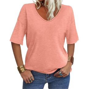 Women's V Neck Tops Elbow Length Shirts Loose Fit Summer Tops Basic Tees