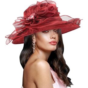 DRESHOW Women Organza Hat Church Cap Hats Cocktail Tea Party Wedding Bridal Flower Hat with Wide Brim