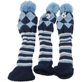 HIFROM 3pcs/Set Golf Club Argyle Knit Head Covers Headcovers Vintange Pom Pom Sock Covers 1-3-5 Compatible with Driver & Woods Blue & Dark Blue
