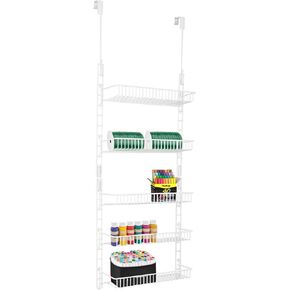 Smart Design Over The Door Adjustable Pantry Organizer Rack w/ 5 Adjustable Shelves - Steel Metal - Hanging - Wall Mount - Cans, Spice, Storage, Closet - Kitchen [White]