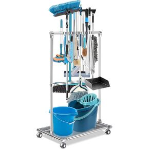 Broom Holder Organizer Movable Closet Storage Cabinet Mop Rack Floor Standing Cleaning Tool Cart For Garden Garage Schools Hotels Hospitals Factories Property Companies Restaurant (5 Racks)