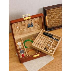 Solid Walnut Wood Jewelry Box with Lock,2 Layer Velvet Wood Jewelry Organizer Storage Lined for Earrings Rings Necklaces Bracelets Cufflink Gift Idea for Men Women, Vintage Brown