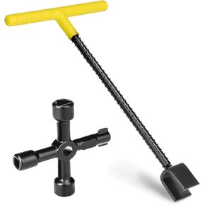 Water Meter Key 17 Inch with 4-Way Utility Key, Steel T-Handle, Water Meter Key Shut Off Tool for Curb Main Water Shut off Valve