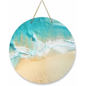 Summer Ocean Door Sign Decoration Wood Seaside Beach Waves Teal Wreath Hanging Wall Sign Decor for Front Door Porch Home 10 Inch, Modernamo93801