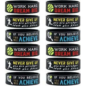 (12-pack) Tennis Wristbands with Motivational Quotes - Wholesale Bulk Bracelets for Tennis Theme Birthday Party - Unisex for Men and Women