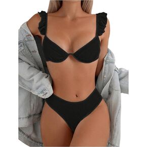 MakeMeChic Women's 2 Piece Bikini Swimsuits Ruffle Trim Strap Push Up High Waist Bathing Suits
