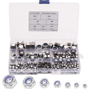 180Pcs/Set Lock Nuts, 304 Stainless Steel Nylon Insert Locknut Assortment, M3 M4 M5 M6 M8 M10 M12