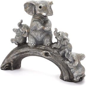 Silver Resin Elephant Statue, Cute Lucky Elephant with 3 Baby Elephants on Wooden Bridge Figurines Decor for Home Living Room, Office, Wedding, Party, Mother's Day Present or More.