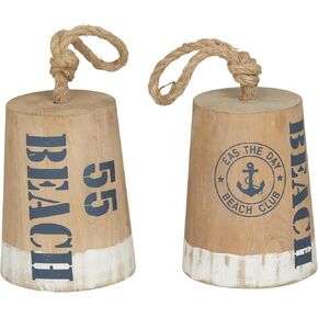 Deco 79 Wood Buoy Decorative Sculpture Door Stopper Home Decor Statues with Rope Accents, Set of 2 Accent Figurines 6"W, 11"H, Brown