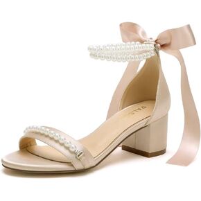 PALSCOU Block Heel Wedding Sandals Open Toe Pearl Wedding Shoes for Bride Low Heel Bridal Shoes Chunky Heel Sandals
