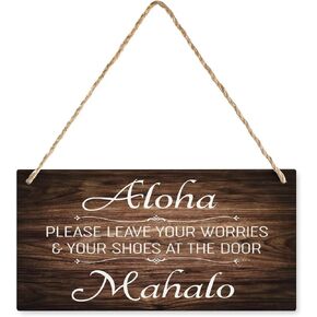 Wood Decor Sign Aloha - Please Leave Your Worries & Shoes At The Door - Mahalo Wooden Sign For Room Wall Decor, Funny Sign Rustic Wood Plaque House Decor For Front Door 12X6 In