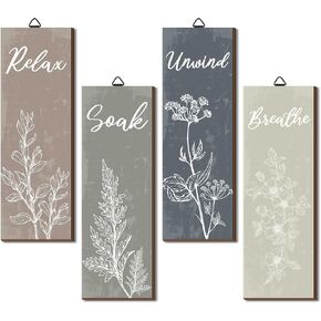 4 Pcs Boho Bathroom Decor Botanical Wall Art Relax Soak Unwind Breathe Sign Rustic Vintage Farmhouse Minimalist Wooden Signs for Home Restroom Decorations 11.8 x 4 Inch