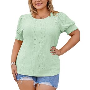 Hanna Nikole Womens Plus Size Tops Crew Neck Puff Short Sleeve Slim Fit Casual Summer Hollow Shirts