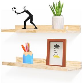 AZSKY Floating Shelves Natural Wood for Wall Storage Wall Mount Floating Kids Bookshelf with Lip Display Picture Photo Ledge Shelves for Bedroom Living Room Bathroom Kitchen 16 Inch Set 2
