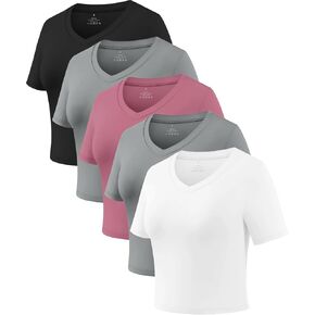 Xelky Women's Crop Dry Fit T-Shirt Workout Short Sleeve Solid Cropped Top V Neck Casual Fitted Yoga Tees