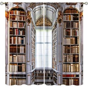 Bookshelf Curtains, Vintage Library with Books Window Treatments for Kids Bedroom, Wooden Wooden Antique Bookcase Drapes 2 Panel Sets,42x45 Inch Blackout
