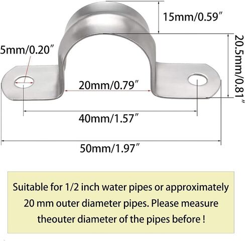 1/2inch Two Hole Strap U Bracket Stainless Steel Tube Strap Tension Clip Assortment Kit Heavy Duty Rigid Pipe Strap Clamp for The Inner Diameter of Water Pipe is 1/2inch 30Pcs (20mm) in Kuwait