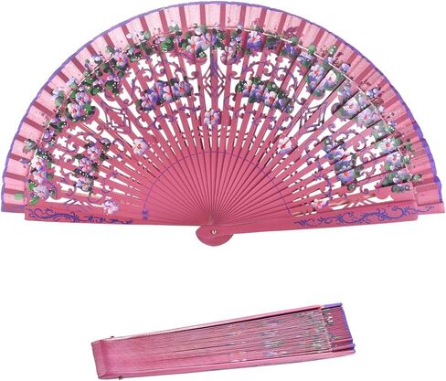 Spanish Floral Folding Fan Vintage Handmade Wooden Doubled-side Hollow Out Hand Fan for Women Dancing,Party and Gifts (Pink) in Saudi Arabia