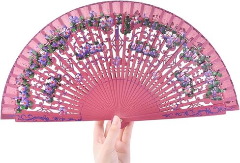 Spanish Floral Folding Fan Vintage Handmade Wooden Doubled-side Hollow Out Hand Fan for Women Dancing,Party and Gifts (Pink) in Saudi Arabia