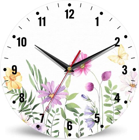 Clock for Bedroom,Wildflower Wall Clocks for Living Room Decor,Butterfly Flowers Summer Kitchen Clocks Wall Battery Operated - 10 Inch Round Bathroom Wall Clock Silent Non-Ticking in Saudi Arabia