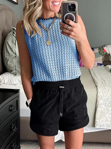 Saodimallsu Womens Summer Sleeveless Tank Tops Casual Crewneck Crochet Knit Color Block Side Split Loose Shirts in Saudi Arabia