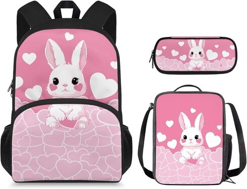 Bunny Bacpack for Girls Kids Backpack with Lunch Box and Cute Pencil Pouch 3PCS Set 15 Inch Book Bag with Large Front Pocket Lightweight School Bag for Elementary Girls Ideal Gifts in Saudi Arabia