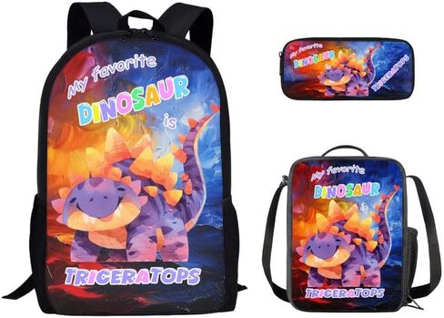 Colorful Triceratops School Backpack 3Pcs Set Yellow Purple Gradient School Kids Backpacks with Lunch Box Cartoon Triceratops Dinosaur Lightweight Elementary Bookbag for Students in Saudi Arabia