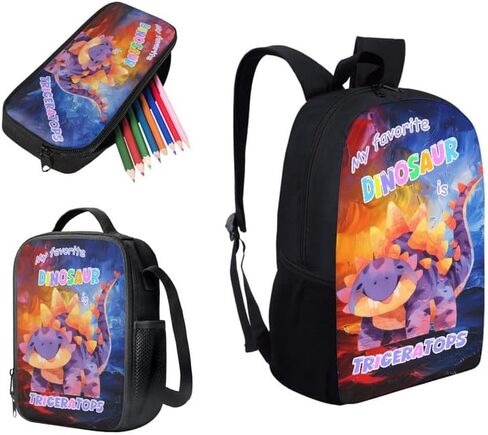 Colorful Triceratops School Backpack 3Pcs Set Yellow Purple Gradient School Kids Backpacks with Lunch Box Cartoon Triceratops Dinosaur Lightweight Elementary Bookbag for Students in Saudi Arabia