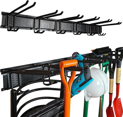 Garden Tool Organizer - 11 Pcs Tool Storage Rack Wall Mount - Heavy Duty Garage Organization Hold Up to 350 lbs - with 6 Double Layer Wall Hooks and 16" x3 Rails (48 inch total), Glove & Straps Black in Saudi Arabia