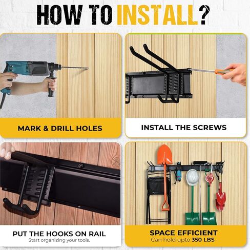 Garden Tool Organizer - 11 Pcs Tool Storage Rack Wall Mount - Heavy Duty Garage Organization Hold Up to 350 lbs - with 6 Double Layer Wall Hooks and 16" x3 Rails (48 inch total), Glove & Straps Black in Saudi Arabia