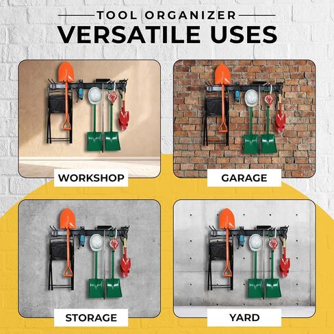 Garden Tool Organizer - 11 Pcs Tool Storage Rack Wall Mount - Heavy Duty Garage Organization Hold Up to 350 lbs - with 6 Double Layer Wall Hooks and 16" x3 Rails (48 inch total), Glove & Straps Black in Saudi Arabia