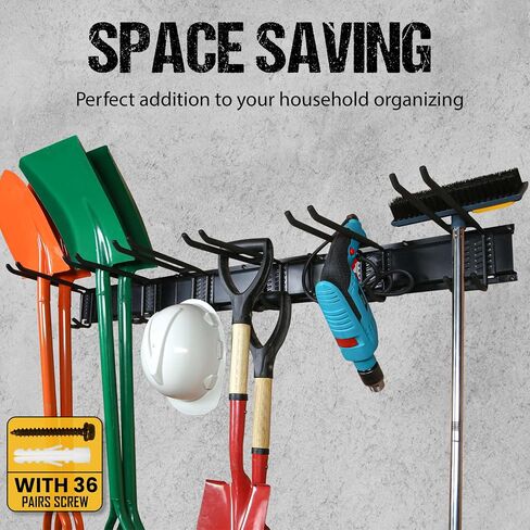 Garden Tool Organizer - 11 Pcs Tool Storage Rack Wall Mount - Heavy Duty Garage Organization Hold Up to 350 lbs - with 6 Double Layer Wall Hooks and 16" x3 Rails (48 inch total), Glove & Straps Black in Saudi Arabia