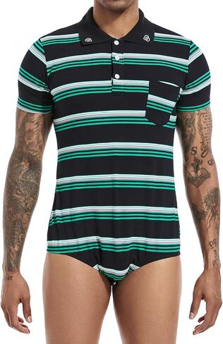 Landofgenie Mens Short Sleeve Bodysuit Polo Shirt Stripe Romper One Piece Plus Size Pajamas Tops for Men in Kuwait
