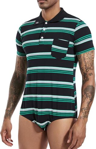 Landofgenie Mens Short Sleeve Bodysuit Polo Shirt Stripe Romper One Piece Plus Size Pajamas Tops for Men in Kuwait