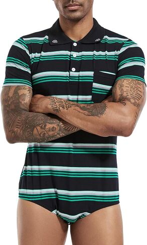 Landofgenie Mens Short Sleeve Bodysuit Polo Shirt Stripe Romper One Piece Plus Size Pajamas Tops for Men in Kuwait