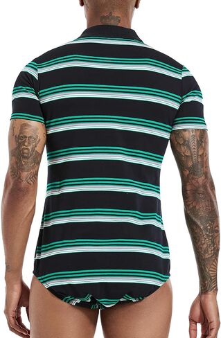 Landofgenie Mens Short Sleeve Bodysuit Polo Shirt Stripe Romper One Piece Plus Size Pajamas Tops for Men in Kuwait