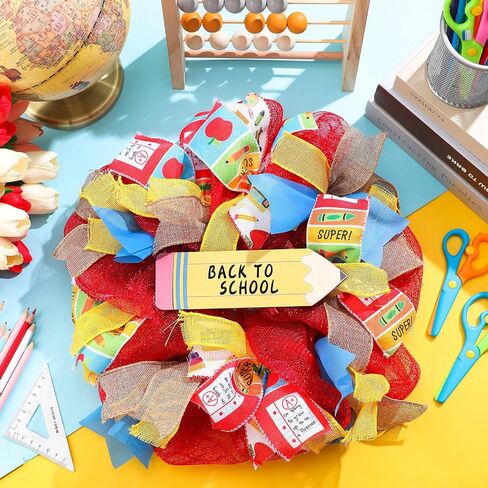 Back to School Wreath 15.7 Inch First Day of School Wreath with Pencil Wooden Sign Red Yellow Wreath Welcome Back to School Party Hanging Decoration for School Classroom Party Decor in Saudi Arabia