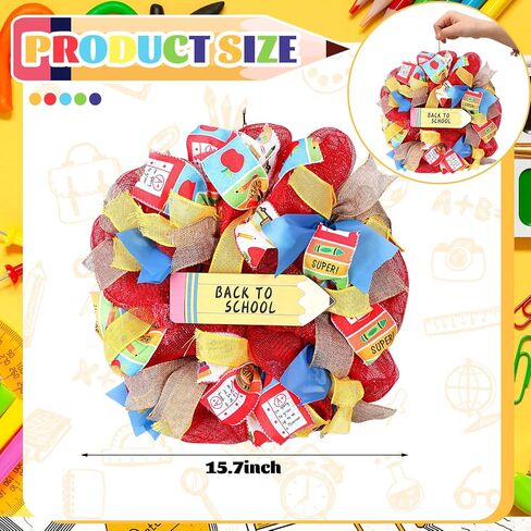 Back to School Wreath 15.7 Inch First Day of School Wreath with Pencil Wooden Sign Red Yellow Wreath Welcome Back to School Party Hanging Decoration for School Classroom Party Decor in Saudi Arabia
