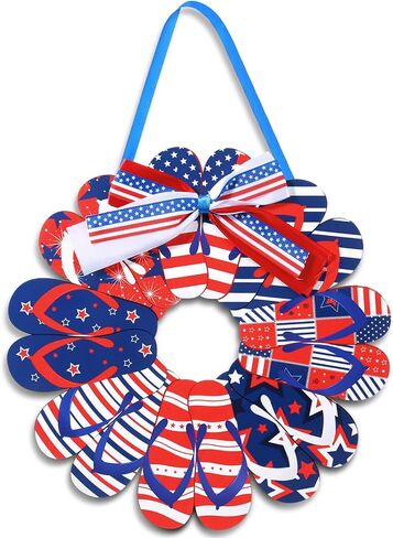 4th of July Welcome Door Sign Decorations Slippers Wooden Signs Flip Flop Patriotic Wall Decor Independence Day Front Door Wreath Patriotic American Flag Stars Hanging Decor for Party Memorial in Saudi Arabia