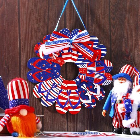 4th of July Welcome Door Sign Decorations Slippers Wooden Signs Flip Flop Patriotic Wall Decor Independence Day Front Door Wreath Patriotic American Flag Stars Hanging Decor for Party Memorial in Saudi Arabia