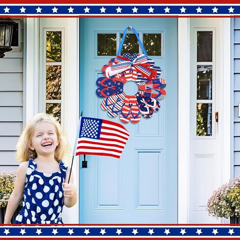 4th of July Welcome Door Sign Decorations Slippers Wooden Signs Flip Flop Patriotic Wall Decor Independence Day Front Door Wreath Patriotic American Flag Stars Hanging Decor for Party Memorial in Saudi Arabia