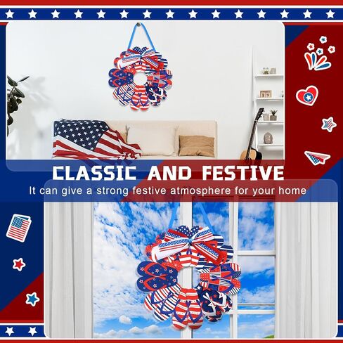 4th of July Welcome Door Sign Decorations Slippers Wooden Signs Flip Flop Patriotic Wall Decor Independence Day Front Door Wreath Patriotic American Flag Stars Hanging Decor for Party Memorial in Saudi Arabia