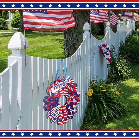 4th of July Welcome Door Sign Decorations Slippers Wooden Signs Flip Flop Patriotic Wall Decor Independence Day Front Door Wreath Patriotic American Flag Stars Hanging Decor for Party Memorial in Saudi Arabia