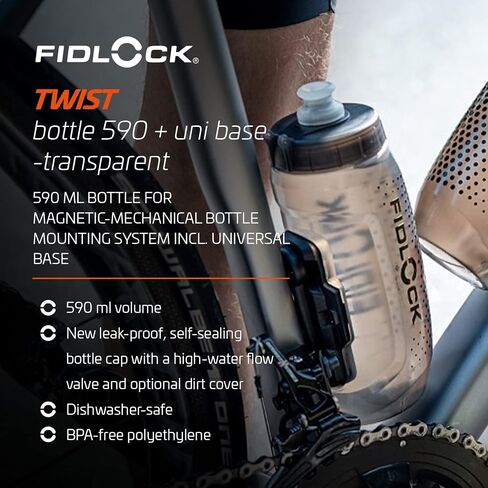 FIDLOCK Twist Bottle 590 & Uni Base Set - New Leak-Proof, Self-Sealing Bottle Cap - Bike Water Bottle Holder with No Screws & Attached Bottle - Cage Free Magnetic Rack - Smoke in Saudi Arabia