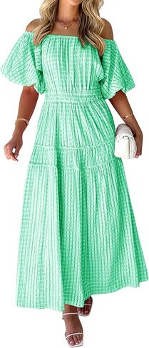 MASCOMODA Off the Shoulder Maxi Dress for Women 2024 Summer Casual Boho Puff Short Sleeve Smocked Ruffle Long Dresses in Saudi Arabia