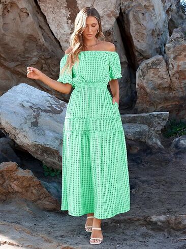 MASCOMODA Off the Shoulder Maxi Dress for Women 2024 Summer Casual Boho Puff Short Sleeve Smocked Ruffle Long Dresses in Saudi Arabia