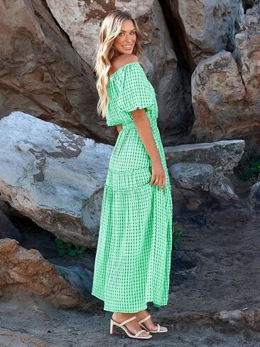 MASCOMODA Off the Shoulder Maxi Dress for Women 2024 Summer Casual Boho Puff Short Sleeve Smocked Ruffle Long Dresses in Saudi Arabia