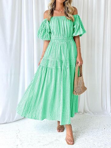 MASCOMODA Off the Shoulder Maxi Dress for Women 2024 Summer Casual Boho Puff Short Sleeve Smocked Ruffle Long Dresses in Saudi Arabia