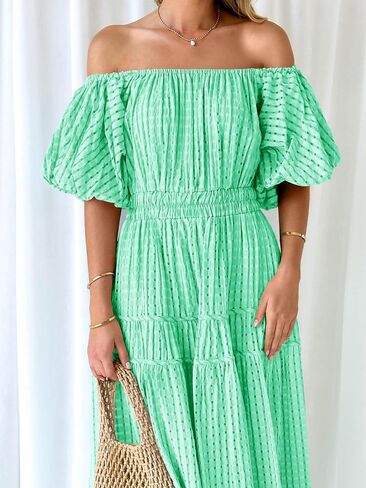 MASCOMODA Off the Shoulder Maxi Dress for Women 2024 Summer Casual Boho Puff Short Sleeve Smocked Ruffle Long Dresses in Saudi Arabia