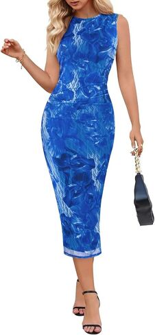 MEROKEETY Women's Summer Bodycon Tie Dye Dress Sleeveless Crew Neck Mesh Cocktail Party Maxi Dresses in Kuwait